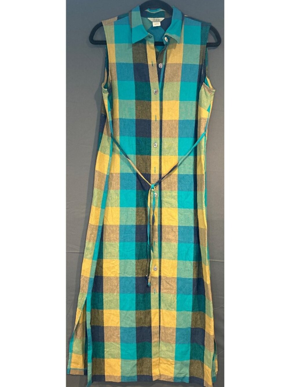 Women Petite M Teddi Linen Rayon Plaid Maxi Dress Layering Cottagecore Academia